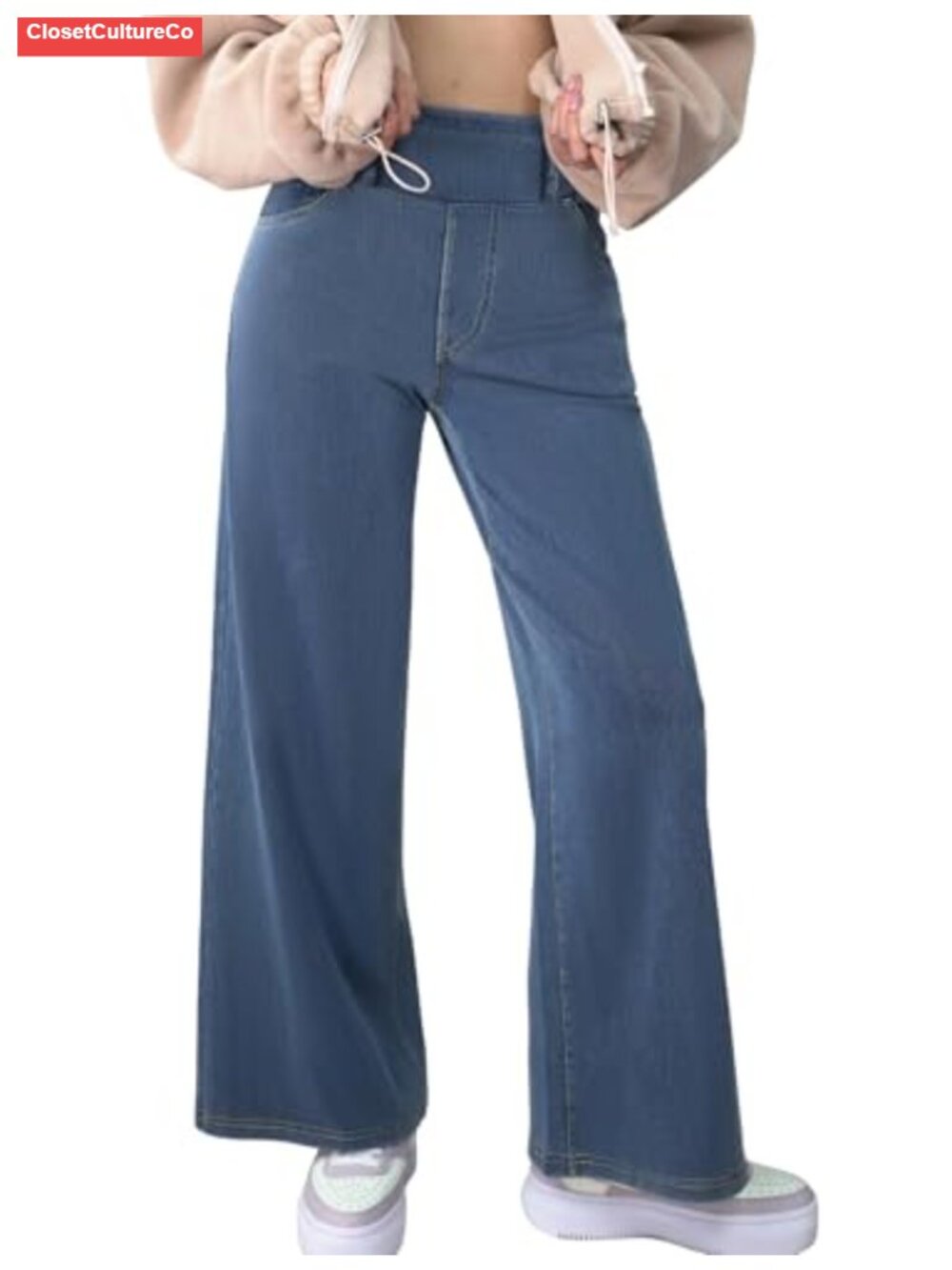 Women's Wide Leg High Waisted Stretch Pull-On Baggy Denim Jeans with Pockets